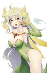 Rule 34 | 1girl, :d, absurdres, ahoge, bare shoulders, breasts, dress, elbow gloves, gloves, green dress, green hair, highres, kawahara0527, light blush, long hair, looking at viewer, mon-musu quest!, multicolored hair, open mouth, simple background, smile, solo, sylph (mon-musu quest!), white background, yellow eyes