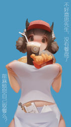 Rule 34 | 1girl, animal ears, b.bor, bag, balancing, bendy straw, blue background, blunt bangs, box, breast lift, breasts, brown hair, cat, cat ears, cat girl, chicken (food), covered erect nipples, covered mouth, cup, disposable cup, double bun, drink, drinking straw, fast food, food, french fries, fried chicken, from below, hair bun, highres, ice, ice cube, large breasts, looking at viewer, menu board, midriff peek, no bra, object on breast, original, paper, paper bag, pen, pocket, see-through, shirt, simple background, skirt, solo, translation request, transparent, white shirt, white skirt
