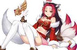 Rule 34 | 1girl, absurdres, animal ears, bad id, bad pixiv id, bare shoulders, black hair, breasts, cleavage, convenient leg, crop top, detached collar, detached sleeves, fox ears, fox girl, fox tail, fur trim, goyain, highres, idle heroes, knees up, long hair, long sleeves, looking at viewer, medium breasts, midriff, multicolored hair, navel, orange eyes, parted lips, red hair, revealing clothes, simple background, sitting, solo, staff, stomach, tail, thighhighs, thighs, two-tone hair, white background, white thighhighs