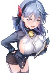 Rule 34 | 1girl, ako (blue archive), bell, black gloves, black thighhighs, blue archive, blue eyes, blue hair, blush, breast press, breasts, clipboard, cowboy shot, gloves, hair between eyes, hair ribbon, hairband, halo, hand on own hip, highres, large breasts, long hair, long sleeves, looking at viewer, moleshi, neck bell, ribbon, sideboob, simple background, solo, standing, thighhighs