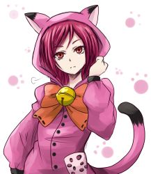Rule 34 | 00s, 1girl, animal hood, arudebido, bell, bodysuit, bow, cat hood, cat tail, cosplay, expressionless, futari wa precure splash star, hood, hooded bodysuit, hyuuga saki, hyuuga saki (cosplay), jingle bell, kiryuu michiru, orange bow, panther pink (precure), precure, red eyes, red hair, short hair, simple background, solo, tail, white background