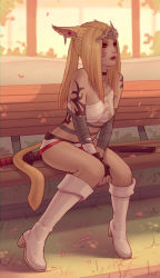 Rule 34 | 1girl, animal ears, warrior of light (ff14), bandaged arm, bandages, bare shoulders, bench, blonde hair, blurry, blurry background, boots, breasts, cat ears, cat tail, choker, commission, dark-skinned female, dark skin, day, earrings, facial mark, facing viewer, final fantasy, final fantasy xiv, fingerless gloves, forehead protector, gloves, grass, high heel boots, high heels, jewelry, lips, long hair, looking to the side, medium breasts, midriff, miqo&#039;te, nail polish, necklace, outdoors, parted lips, petals, ponytail, red eyes, short shorts, shorts, sitting, solo, soranamae, sword, tail, tattoo, tree, weapon, whisker markings, white footwear