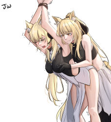 Rule 34 | 2girls, absurdres, animal ear fluff, animal ears, arknights, arms up, bare arms, bare shoulders, bdsm, blemishine (arknights), blonde hair, bondage, bound, bound wrists, breasts, clothing cutout, commentary, feet out of frame, hand under clothes, headset, highres, incest, jw (wrdawrda), large breasts, midriff, multiple girls, nearl (arknights), one eye closed, open mouth, restrained, siblings, simple background, sisters, smile, standing, sweat, thighs, white background, yellow eyes, yuri