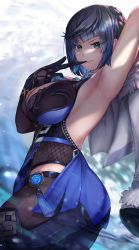 Rule 34 | 1girl, absurdres, arm up, armpits, black gloves, black thighhighs, blue dress, blue hair, bob cut, braid, breasts, chien zero, cleavage, diagonal bangs, dice, dress, earrings, elbow gloves, from side, fur-trimmed jacket, fur trim, genshin impact, glove pull, gloves, green eyes, highres, jacket, jacket on shoulders, jewelry, large breasts, looking at viewer, mole, mole on breast, multicolored hair, parted lips, single elbow glove, sleeveless, sleeveless dress, solo, thighhighs, two-tone hair, vision (genshin impact), white jacket, yelan (genshin impact)