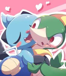 blue_hair blush closed_eyes creatures_(company) dewott game_freak gen_5_pokemon heart highres hug nettsuu nintendo open_mouth pokemon pokemon_(creature) red_eyes seashell servine shell smile tongue wavy_mouth whiskers