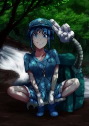Rule 34 | 1girl, :d, backpack, bag, blue eyes, blue hair, boots, breasts, collarbone, forest, grin, hat, highres, huntertakumi, kawashiro nitori, large breasts, matching hair/eyes, mechanic, mechanical arms, nature, open mouth, outdoors, plant, pocket, river, rock, rubber boots, salute, short hair, short sleeves, short twintails, single mechanical arm, smile, solo, squatting, touhou, tree, twintails, wrench