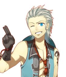 Rule 34 | 1boy, abs, blue eyes, gloves, kof: maximum impact, male focus, one eye closed, simple background, snk, soiree meira, solo, tattoo, the king of fighters, white background, white hair, yaka (kk1177)