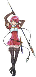 Rule 34 | 1girl, absurdres, black thighhighs, boots, brown gloves, dagger, elbow gloves, est (fire emblem), female focus, fire emblem, fire emblem: mystery of the emblem, gloves, grin, high heels, highres, holding, holding polearm, holding spear, holding weapon, knife, looking at viewer, matching hair/eyes, nintendo, official art, open mouth, pink eyes, pink hair, polearm, simple background, smile, solo, spear, thigh boots, thighhighs, weapon