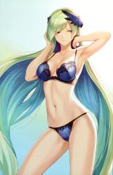 Rule 34 | 1girl, absurdres, armpits, arms behind head, arms up, bare shoulders, blue bra, blue panties, blush, bra, breasts, brynhildr (fate), cleavage, closed mouth, collarbone, fate/prototype, fate/prototype: fragments of blue and silver, fate (series), gradient background, hair ornament, hair over one eye, hands in hair, highres, lace, lace-trimmed bra, lace trim, lingerie, long hair, looking to the side, mashuu (neko no oyashiro), medium breasts, navel, neck, panties, purple eyes, scan, silver hair, solo, stomach, swept bangs, thighs, third-party source, underwear, underwear only, very long hair