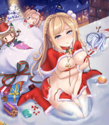Rule 34 | 4girls, :o, ahoge, anchor, back, bauxite, between legs, blonde hair, blue eyes, blue hair, blunt bangs, blush stickers, boots, bow, bra, braid, breast hold, breasts, brick, brown eyes, brown hair, candy, candy cane, capelet, chain, chibi, christmas, christmas lights, christmas ornaments, christmas tree, christmas wreath, covering breasts, covering privates, cross, crown braid, door, food, fur trim, gingerbread man, gloves, green footwear, green gloves, groin, hair ornament, hair ribbon, hand between legs, hat, highres, holly, house, jewelry, lamp, le fantasque (warship girls r), light, long hair, looking at viewer, loose clothes, loose panties, lying, midriff, mistletoe, multiple girls, navel, on stomach, one eye closed, one side up, panties, pendant, pom pom (clothes), red bra, red footwear, red hat, red panties, red skirt, ribbon, richelieu (warship girls r), sack, santa costume, santa hat, side-tie panties, sitting, skirt, skirt tug, snow, snowing, sparkle, spill, striped bow, striped ribbon, surcouf (warship girls r), swept bangs, tears, torn sack, tripping, twin braids, twintails, two-barred cross, underwear, vauquelin, vauquelin (warship girls r), wardrobe malfunction, wariza, warship girls r, wreath, yuemanhuaikong