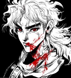 Rule 34 | 1boy, blood, blood on clothes, blood on mouth, dio brando, ear piercing, greyscale, highres, jojo no kimyou na bouken, long hair, looking at viewer, male focus, monochrome, my nameisyoon, phantom blood, piercing, portrait, red eyes, scarf, simple background, solo, spot color, v-shaped eyebrows