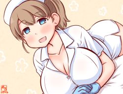 Rule 34 | 1girl, artist logo, blue eyes, blue gloves, breasts, brown hair, cowboy shot, dated, dress, dutch angle, gloves, hat, intrepid (kancolle), kanon (kurogane knights), kantai collection, large breasts, lying, nurse, nurse cap, on stomach, one-hour drawing challenge, ponytail, short hair, smile, solo, white dress, white hat