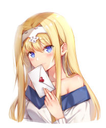 Rule 34 | 1girl, alice zuberg, bare shoulders, blonde hair, blue eyes, blurry, blush, braid, breasts, collarbone, commentary request, depth of field, dress, envelope, hairband, heart, holding, holding letter, letter, long hair, long sleeves, looking at viewer, love letter, off-shoulder sweater, off shoulder, simple background, smile, solo, sweater, sword art online, taro (ultrataro), upper body, very long hair, white background, white hairband