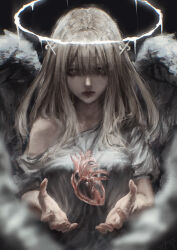 Rule 34 | 1girl, absurdres, angel, angel wings, arai bokuseki, black background, brown eyes, commentary, dress, english commentary, expressionless, feathered wings, grey dress, grey wings, halo, heart (organ), highres, light brown hair, long hair, looking at viewer, original, simple background, single bare shoulder, solo, straight-on, upper body, wings