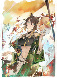 Rule 34 | 1girl, absurdres, animal ears, arknights, bare shoulders, black choker, breasts, brown hair, choker, closed mouth, coat, crop top, green coat, green eyes, hair between eyes, highres, holding, horse ears, jumbowhopper, large breasts, long hair, long sleeves, looking at viewer, meteor (arknights), meteor (bard&#039;s holiday) (arknights), midriff, navel, off shoulder, official alternate costume, open clothes, open coat, pants, smile, solo, stomach, white pants