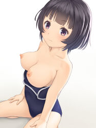Rule 34 | 1girl, bare shoulders, blue one-piece swimsuit, blush, breasts, closed mouth, collarbone, commentary request, gradient background, grey background, highres, large breasts, looking at viewer, medium breasts, meow (nekodenki), nipples, one-piece swimsuit, original, purple eyes, short hair, sitting, solo, swimsuit, thighs