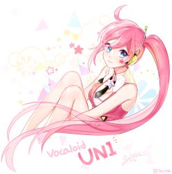 Rule 34 | 1girl, ahoge, blue eyes, breasts, character name, cleavage, cleavage cutout, clothing cutout, copyright name, iso1206, long hair, looking at viewer, medium breasts, necktie, pink hair, side ponytail, simple background, smile, solo, star (symbol), tattoo, uni (vocaloid), very long hair, vocaloid