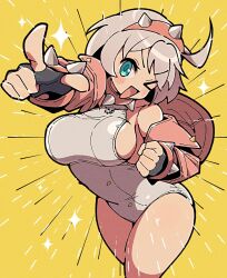 1girl black_gloves blue_eyes breasts cowboy_shot cropped_jacket elphelt_valentine fingerless_gloves gloves grey_hair guilty_gear guilty_gear_strive highres itsuka_neru jacket large_breasts leotard one_eye_closed open_clothes open_jacket pink_jacket pointing pointing_at_viewer sideboob simple_background single_bare_shoulder solo sparkle white_leotard yellow_background