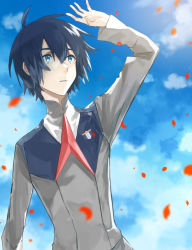 Rule 34 | 10s, 1boy, bad id, bad pixiv id, black hair, blue eyes, blue sky, cloud, cloudy sky, commentary, darling in the franxx, day, haisato (ddclown14), hand up, hiro (darling in the franxx), long sleeves, male focus, military, military uniform, necktie, petals, red necktie, short hair, sky, solo, uniform