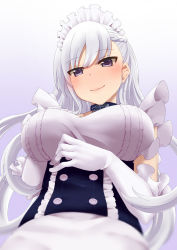 Rule 34 | 1girl, azur lane, belfast (azur lane), blue eyes, braid, breasts, commentary request, from below, gloves, highres, large breasts, long hair, looking at viewer, looking down, maid, maid headdress, puroheshi, silver hair, smile, solo