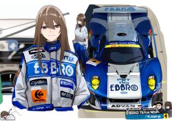 Rule 34 | 1girl, absurdres, advan, asamiya mariko (holeecrab), breasts, brown hair, car, chibi, chibi inset, dreaming, grey jumpsuit, hands in pockets, head tilt, highres, holeecrab, jumpsuit, jumpsuit around waist, looking at viewer, medium breasts, motor vehicle, motul (company), multiple views, nose bubble, open mouth, original, parted lips, race vehicle, racecar, racing suit, real life, red footwear, shoes, sleeping, smile, sneakers, spoiler (automobile), sponsor, super gt, surprised, tanaka tetsuya, team nova, upper body, vehicle focus, vemac, vemac rd350r, zzz
