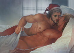 Rule 34 | 2boys, abs, aenaluck, artist name, audec (aenaluck), bara, bed, blanket, blonde hair, chest hair, closed mouth, completely nude, facial hair, grey hair, hat, highres, holding, holding blanket, imminent kiss, large pectorals, lying, male focus, male pubic hair, master (aenaluck), multiple boys, muscular, muscular male, navel, nipples, nude, on back, on bed, on side, open mouth, original, pants, pectorals, pubic hair, red pants, santa costume, santa hat, short hair, topless male, yaoi
