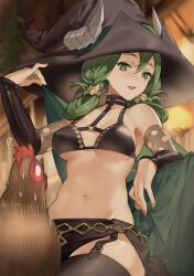 Rule 34 | !?, 1girl, animal, bikini, bikini top only, bird, black bikini, black hat, black skirt, black thighhighs, breasts, cape, chicken, cleavage, fingernails, freckles, green cape, green eyes, green hair, hat, highres, large hat, long hair, looking at another, medium breasts, mixed-language commentary, nail polish, navel, ouosoul, parted lips, pink nails, skirt, stomach, sweat, swimsuit, thighhighs, unicorn overlord, witch, witch hat, yahna (unicorn overlord)