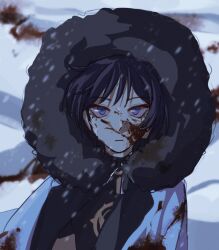 1boy black_hair black_shirt black_sleeves black_undershirt blood blood_on_clothes blood_on_face blood_splatter blue_eyes blunt_ends closed_mouth coat ebany_ohuet eyeliner eyeshadow fur-trimmed_hood fur_hood fur_trim genshin_impact highres hood jewelry lapels looking_at_viewer makeup male_focus neck_ring open_clothes open_coat red_eyeliner red_eyeshadow scaramouche_(genshin_impact) shirt solo turtleneck turtleneck_shirt upper_body white_coat winter_clothes winter_coat