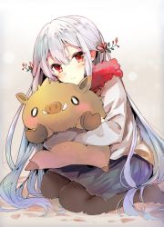 Rule 34 | 1girl, animal, animal hug, blue hair, blue skirt, blush, boar, brown background, brown pantyhose, closed mouth, commentary request, gradient background, gradient hair, hair between eyes, head tilt, highres, jacket, long hair, long sleeves, looking at viewer, multicolored hair, original, pantyhose, pleated skirt, red eyes, silver hair, sitting, skirt, smile, solo, tomozero, very long hair, wariza, white background, white jacket