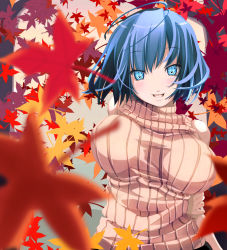 Rule 34 | 1girl, android, antenna hair, aqua eyes, autumn, blue hair, blurry, breasts, depth of field, large breasts, leaf, ribbed turtleneck sweater, shiki (psychedelic g2), short hair, sleeveless, sleeveless turtleneck, smile, sweater, turtleneck