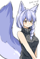 Rule 34 | 1girl, alternate costume, animal ears, arknights, bare shoulders, black sweater, blush, braid, breasts, brown eyes, dated, hair over shoulder, highres, large tail, long hair, looking at viewer, medium breasts, motsupu, parted lips, provence (arknights), purple hair, signature, simple background, single braid, sleeveless, sleeveless turtleneck, smile, solo, sweater, tail, turtleneck, turtleneck sweater, upper body, white background, wolf ears, wolf girl, wolf tail