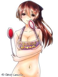 Rule 34 | 1girl, artist name, breasts, brown eyes, brown hair, cleavage, crossed arms, girls und panzer, hair ribbon, holding, holding sign, large breasts, looking at viewer, medallion, navel, nude, oekaki lemon, ponytail, ribbon, sign, solo, takashima remi, twitter username, white background