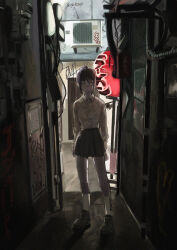 Rule 34 | 1girl, air conditioner, alley, ankle socks, arrow (symbol), brown hair, brown skirt, closed mouth, collared shirt, colored inner hair, commentary request, day, eyelashes, full body, graffiti, green footwear, highres, long hair, long sleeves, looking at viewer, miniskirt, multicolored hair, original, outdoors, pleated skirt, ponytail, shirt, shoes, skirt, smile, sneakers, socks, solo, standing, straight-on, tomatomato 0413, white shirt, white socks, yellow eyes