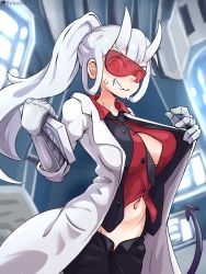 Rule 34 | 1girl, artist name, bebatch, between breasts, black necktie, black pants, black vest, blurry, blurry background, breasts, commentary request, cowboy shot, demon girl, demon tail, formal, glasses, goggles, grin, helltaker, highres, holding, horns, lab coat, large breasts, long hair, long sleeves, looking at viewer, loremaster (helltaker), mixed-language commentary, navel, necktie, necktie between breasts, open clothes, open pants, open vest, pants, ponytail, red-tinted eyewear, red-tinted glasses, red shirt, revision, shirt, short hair, smile, solo, standing, suit, sunglasses, sweatdrop, tail, tinted eyewear, unbuttoned, vest, visor, white hair