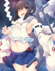 Rule 34 | 1girl, azur lane, black hair, blue skirt, brown eyes, cosplay, cowboy shot, detached sleeves, fox tail, fubuki (azur lane), fubuki (azur lane) (cosplay), fubuki (kancolle), fuuen (akagaminanoka), highres, historical name connection, kantai collection, low ponytail, machinery, name connection, navel, no bra, open mouth, pleated skirt, ponytail, ribbon-trimmed sleeves, ribbon trim, scarf, short ponytail, sidelocks, skirt, solo, tail, white scarf