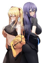 Rule 34 | 2girls, ass, bare shoulders, black jacket, black pants, black shirt, blonde hair, blouse, breasts, closed mouth, commission, cowboy shot, crop top, ddangbi, earrings, frown, hair bobbles, hair ornament, highres, hoop earrings, jacket, jewelry, large breasts, leggings, long hair, long sleeves, looking at viewer, looking back, midriff, multiple girls, navel, off shoulder, open clothes, open jacket, open mouth, original, pants, purple hair, raised eyebrow, red eyes, revealing clothes, sayuri (k pring), shirt, short sleeves, simple background, sleeveless, sleeveless shirt, standing, stomach, sweat, taut clothes, taut shirt, twintails, underboob, very long hair, white background, yellow jacket, yuna (biya (1024))