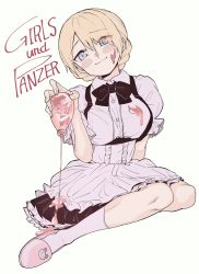 Rule 34 | 1girl, anarogumaaa, apron, arm behind back, black dress, black necktie, blonde hair, blue eyes, braid, closed mouth, collared dress, commentary, copyright name, darjeeling (girls und panzer), dress, eyes visible through hair, food, food on clothes, food on face, frilled dress, frills, girls und panzer, head tilt, highres, holding, looking at viewer, medium dress, necktie, pink footwear, pouring, pouring onto self, puffy short sleeves, puffy sleeves, sandals, short hair, short sleeves, simple background, sitting, smile, socks, solo, twin braids, waist apron, waitress, wariza, white apron, white background, white socks, wing collar