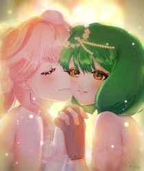 Rule 34 | 2girls, absurdres, bad id, bad pixiv id, blonde hair, blush, closed eyes, couple, dress, earrings, eyebrows hidden by hair, eyelashes, gloves, green hair, hair ornament, half-closed eyes, highres, holding hands, interlocked fingers, jewelry, kissing cheek, light particles, lips, long hair, looking at viewer, macross, macross frontier, multiple girls, ranka lee, red eyes, rita (love giorno), sheryl nome, short hair, smile, strapless, strapless dress, upper body, yuri