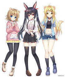 Rule 34 | 3girls, :o, ahoge, animal ears, black hair, black shirt, black skirt, black socks, blonde hair, blue footwear, blue jacket, blue shorts, blush, boots, brown eyes, brown footwear, brown hair, closed mouth, commentary request, crop top, cutoffs, ferret ears, ferret tail, full body, fur-trimmed boots, fur trim, hair between eyes, hair ornament, hair ribbon, hairclip, hamster ears, hand on own hip, hood, hood down, hoodie, jacket, kneehighs, loafers, long sleeves, mauve, multiple girls, navel, open clothes, open jacket, original, pantyhose, parted lips, pink hoodie, pleated skirt, rabbit ears, red eyes, red ribbon, ribbon, shirt, shoes, short shorts, short sleeves, shorts, simple background, skirt, smile, socks, standing, striped clothes, striped jacket, suspender skirt, suspenders, tail raised, thighhighs, twintails, vertical-striped clothes, vertical-striped jacket, white background, white shirt, yellow skirt
