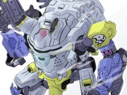 Rule 34 | battery, daisy ogre, from above, gun, highres, holding, holding gun, holding weapon, horns, mecha, no humans, robot, science fiction, synduality, voldox, weapon, white background, wind