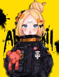 Rule 34 | 1girl, abigail williams (fate), abigail williams (traveling outfit) (fate), bandaid, bandaid on face, bandaid on forehead, black bow, black jacket, blonde hair, blue eyes, blush, bow, character name, chromatic aberration, commentary request, crossed bandaids, fate/grand order, fate (series), gaota, hair bow, hair bun, jacket, long hair, long sleeves, looking at viewer, hugging object, official alternate costume, open mouth, orange bow, parted bangs, polka dot, polka dot bow, simple background, single hair bun, sleeves past fingers, sleeves past wrists, solo, stuffed animal, stuffed toy, teddy bear, teeth, upper body, upper teeth only, v-shaped eyebrows, yellow background