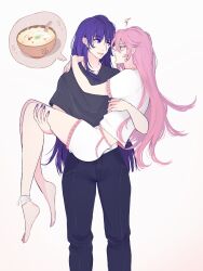 Rule 34 | 2girls, arm around neck, bandaged ankle, barefoot, black pants, black shirt, bowl, bunnyeiei, carrying, commentary request, eye contact, food, genshin impact, gradient background, highres, long hair, looking at another, mole, mole under eye, multiple girls, pants, parted lips, pink hair, pout, princess carry, purple eyes, purple hair, purple nails, raiden shogun, shirt, short sleeves, shorts, smile, soup, sprain, thai commentary, white background, white shirt, white shorts, yae miko, yuri