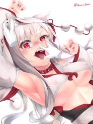 Rule 34 | 1girl, absurdres, alternate costume, angry, animal ear fluff, animal ears, armpit crease, armpits, azur lane, bare shoulders, blush, breasts, claw pose, clothing cutout, collar, commentary request, covered erect nipples, detached sleeves, dress, fangs, fingernails, full-face blush, headpat, highres, japanese clothes, kimono, large breasts, midriff, nail art, nail polish, open mouth, partial commentary, red collar, red eyes, sharp teeth, sideboob, simple background, slit pupils, solo, stomach cutout, tearing up, teeth, thick eyebrows, tongue, twitter username, uchikake, underboob, unmeinobasho, uvula, wedding dress, white background, white hair, wide sleeves, yuudachi (azur lane), yuudachi (the bride of solomon) (azur lane)