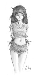 Rule 34 | 1girl, arms behind back, closed mouth, collarbone, crop top, dated, denim, denim shorts, highres, hiyajou maho, long hair, looking at viewer, messy hair, monochrome, shorts, sketch, steins;gate, steins;gate 0, tagme, thigh gap, very long hair, white background