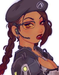 Rule 34 | 1girl, abi (superson1co), animification, apex legends, arms dealer loba, beret, black hat, braid, breasts, brown eyes, brown hair, cleavage, commentary, dark-skinned female, dark skin, dog tags, english commentary, eyeshadow, from side, gradient hair, hat, headset, highres, loba (apex legends), long hair, looking at viewer, makeup, medium breasts, multicolored hair, parted lips, red eyeshadow, red hair, red lips, scouter, solo, thick lips, twin braids