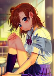 Rule 34 | 10s, 1girl, blue eyes, blurry, blurry background, blush, bow, bowtie, classroom, closed mouth, collared shirt, commentary request, depth of field, from side, indoors, knee up, kosaka honoka, looking at viewer, love live!, love live! school idol project, one side up, orange hair, otonokizaka school uniform, poligon (046), purple skirt, purple socks, red bow, red bowtie, school uniform, shirt, short hair, short sleeves, skirt, smile, socks, solo, white shirt, wing collar