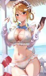 Rule 34 | 1girl, absurdres, bikini, blonde hair, blush, braid, braided hair rings, breasts, collarbone, commentary request, frilled bikini, frilled hairband, frills, gawawawa, hair rings, hairband, highres, holding, holding pen, idolmaster, idolmaster shiny colors, izumi mei, large breasts, lifebuoy, looking at viewer, navel, pen, see-through clothes, see-through clothes, see-through sleeves, solo, stomach, swim ring, swimsuit, thigh gap, waitress