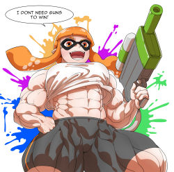 Rule 34 | 1girl, abs, biceps, breasts, co-opvillain, female focus, highres, inkling player character, looking at viewer, muscular, muscular female, nintendo, orange eyes, orange hair, shorts, solo, splatoon (series), teeth, text focus, thick thighs, thighs