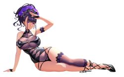 Rule 34 | 1girl, arm support, armlet, black footwear, black one-piece swimsuit, breasts, fate/grand order, fate (series), flower, full body, gloves, gold trim, hair flower, hair ornament, hair up, half gloves, highleg, highleg swimsuit, highres, large breasts, murasaki shikibu (fate), murasaki shikibu (swimsuit rider) (fate), murasaki shikibu (swimsuit rider) (first ascension) (fate), one-piece swimsuit, purple eyes, purple flower, purple hair, simple background, single thighhigh, smile, solo, swimsuit, thighhighs, w-y, white background