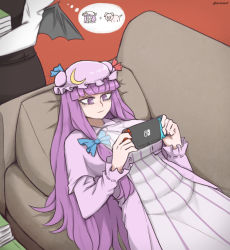 Rule 34 | 2girls, blue bow, blue ribbon, blunt bangs, book, bow, breasts, commentary, couch, crescent, crescent pin, english commentary, equal sign, hair bow, handheld game console, hat, hat ribbon, highres, holding, holding book, koakuma, large breasts, long hair, long sleeves, lying, mata (matasoup), mob cap, multiple girls, nintendo switch, on back, out of frame, patchouli knowledge, pig, playing games, purple eyes, purple hair, red ribbon, ribbon, ringed eyes, thought bubble, touhou, very long hair